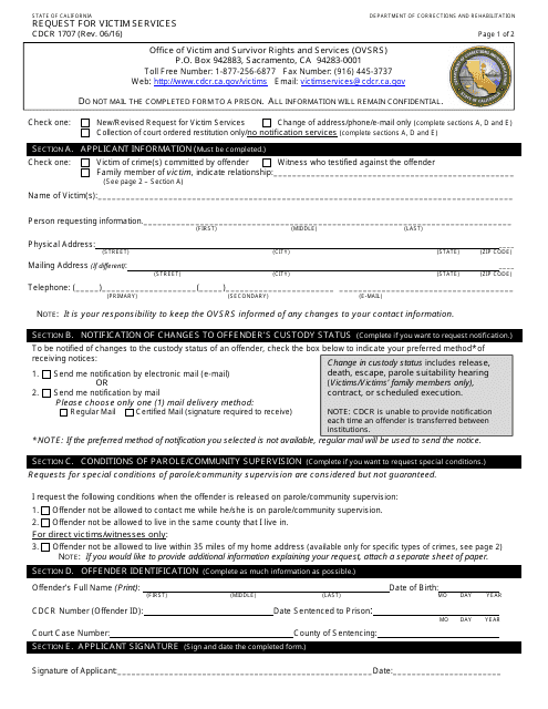 Form CDCR1707  Printable Pdf