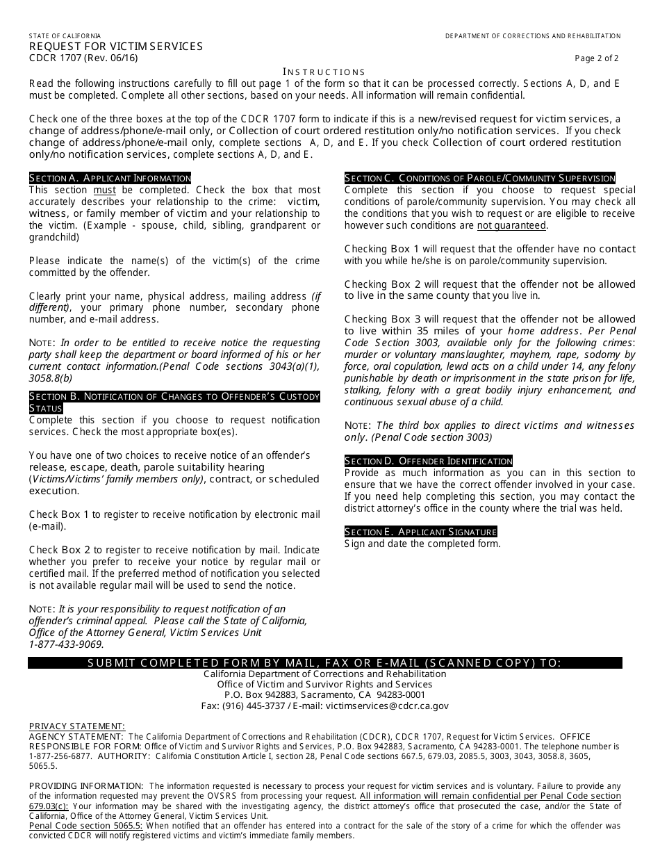 Form CDCR1707 Request for Victim Services - California, Page 2