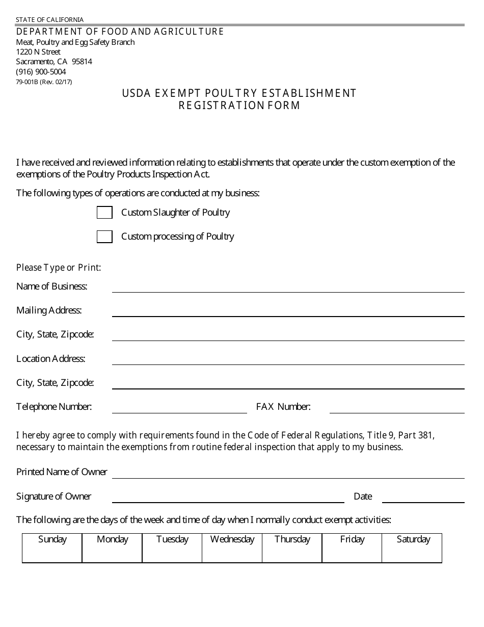 Form 79-001B Usda Exempt Poultry Establishment Registration Form - California, Page 1