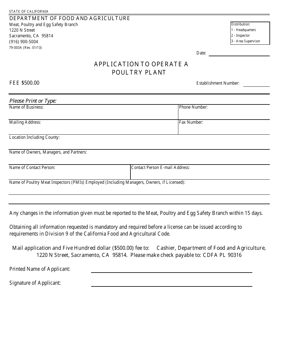 Form 79-003A Application to Operate a Poultry Plant - California, Page 1