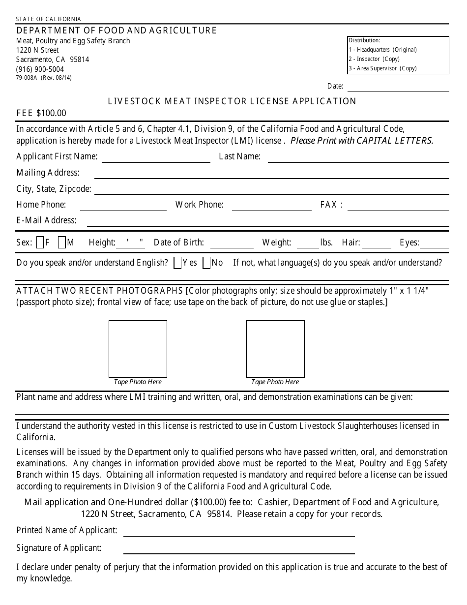 Form 79-008A Livestock Meat Inspector License Application - California, Page 1