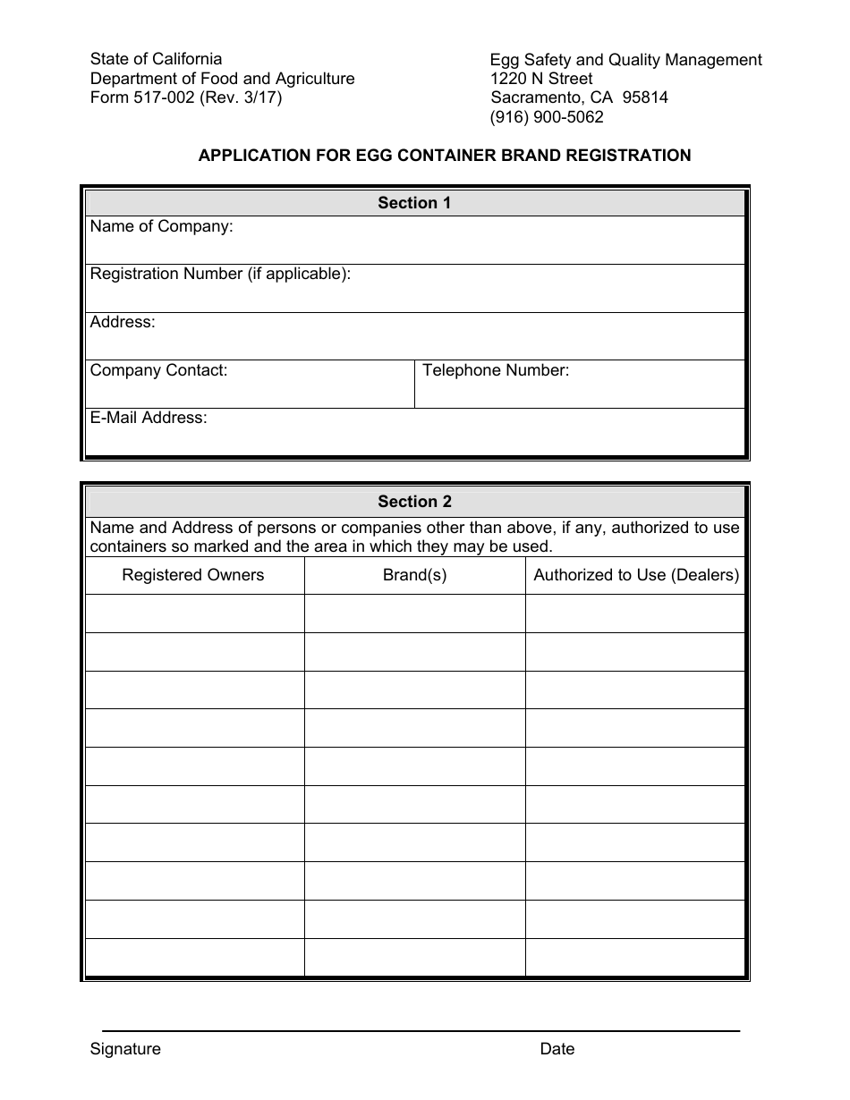 Form 517-002 Application for Egg Container Brand Registration - California, Page 1