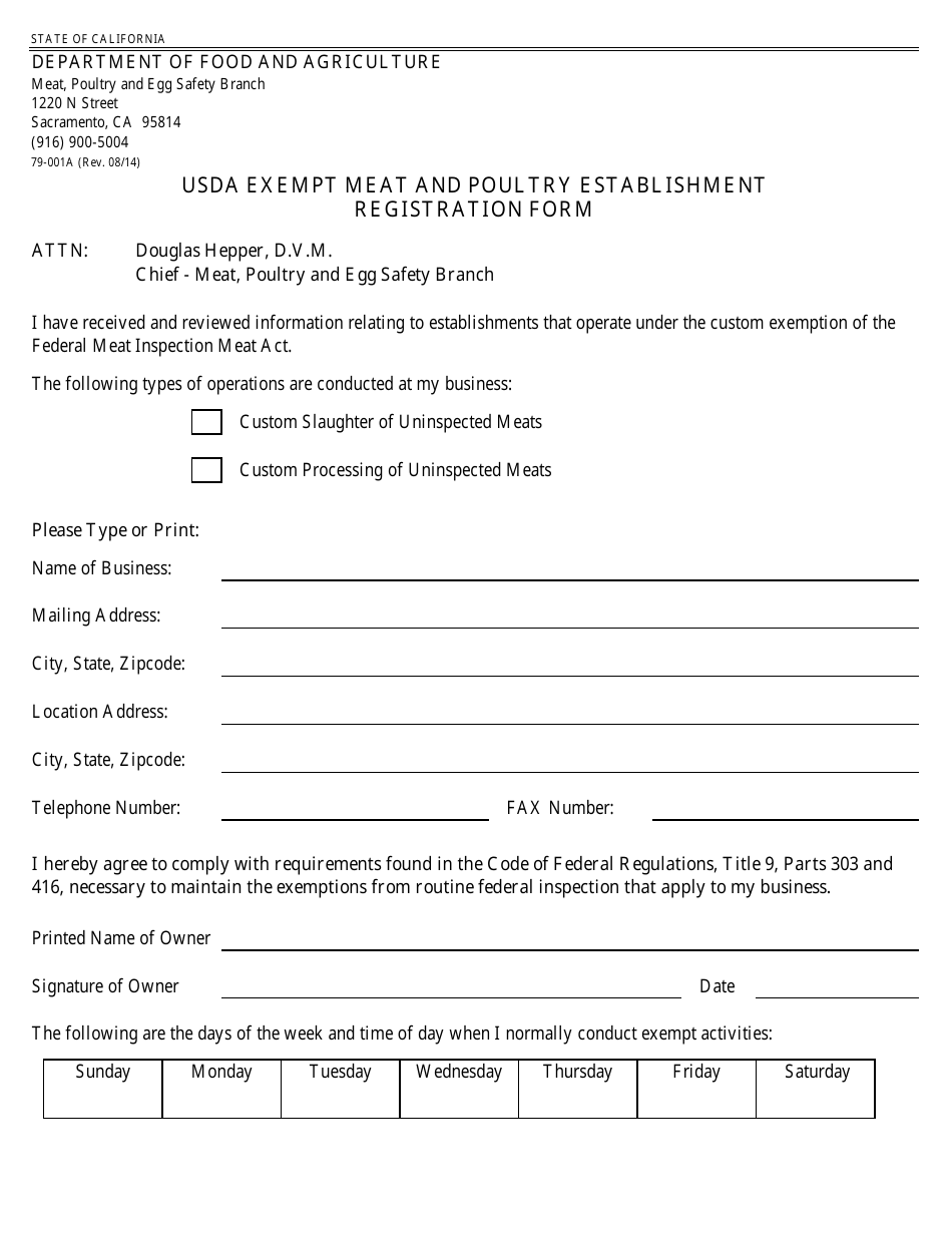 Form 79-001A Usda Exempt Meat and Poultry Establishment Registration Form - California, Page 1