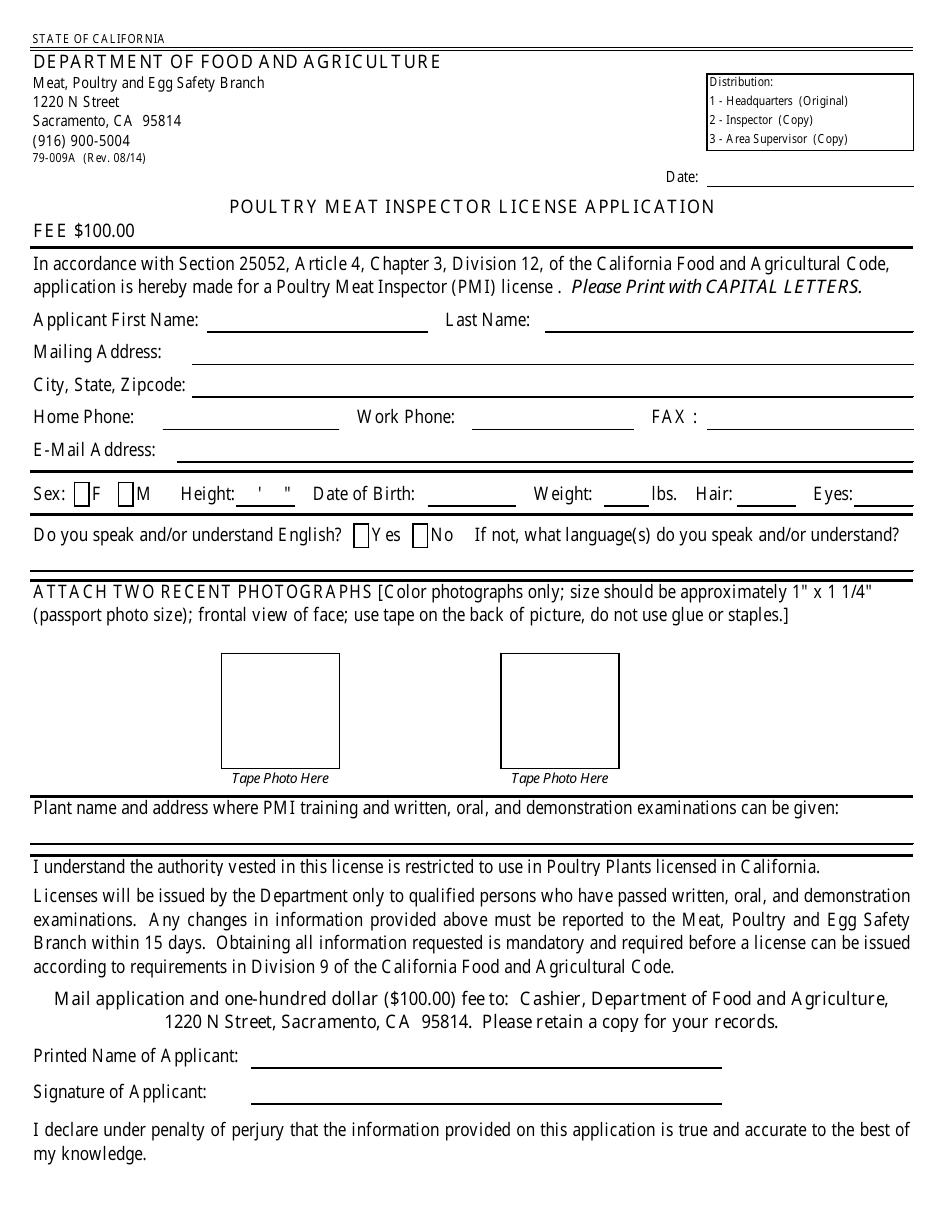 Form 79-009A Poultry Meat Inspector License Application - California, Page 1