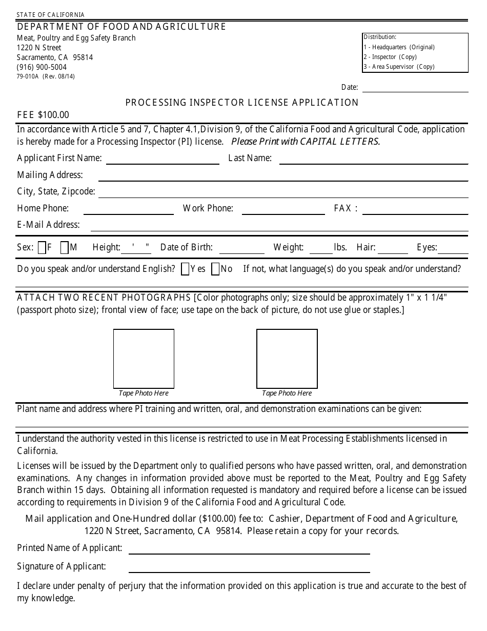Form 79-010A Processing Inspector License Application - California, Page 1