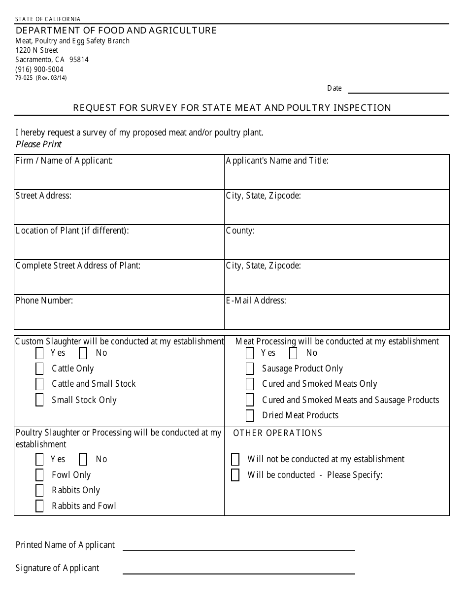 Form 79-025 Request for Survey for State Meat and Poultry Inspection - California, Page 1