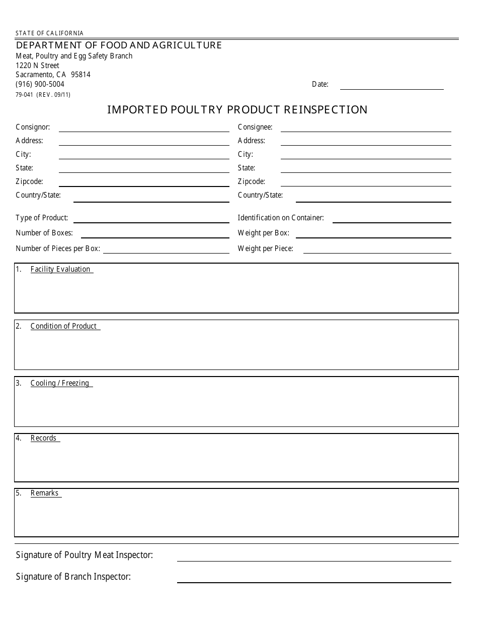 Form 79-041 Imported Poultry Product Reinspection - California, Page 1