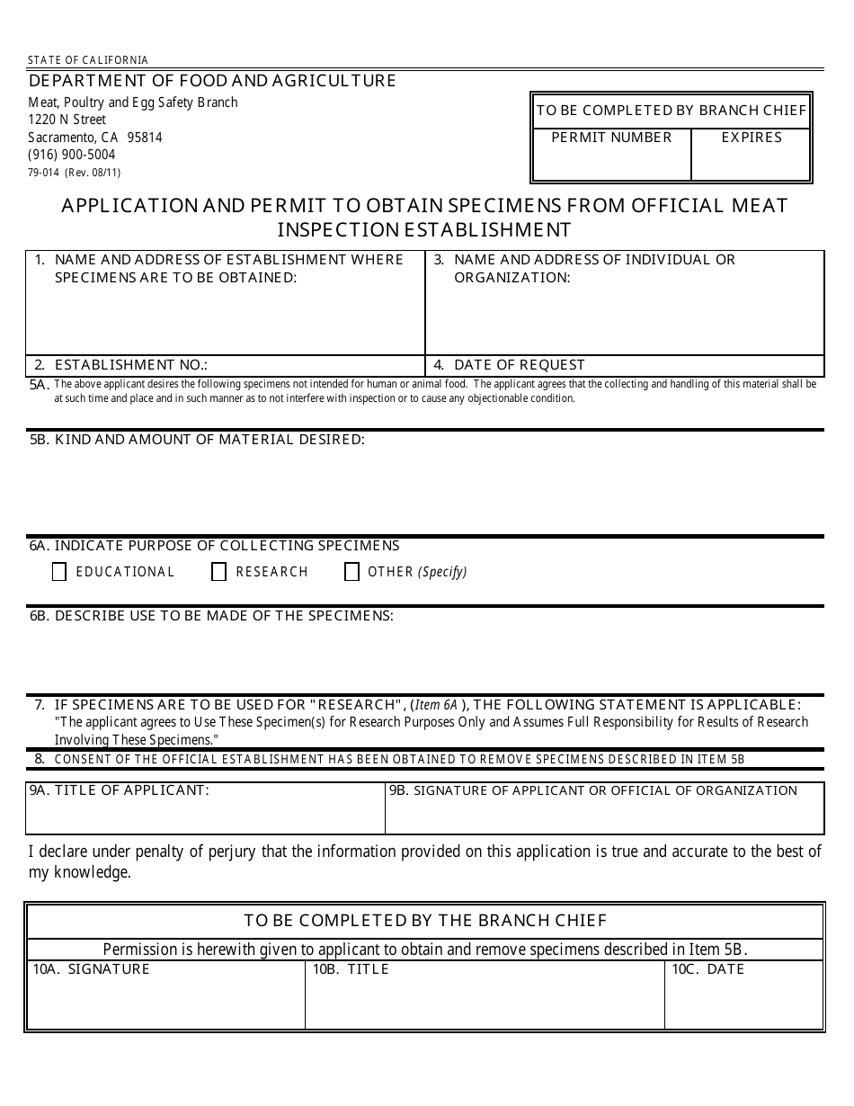 Form 79-014 Application and Permit to Obtain Specimens From Official Meat Inspection Establishment - California, Page 1