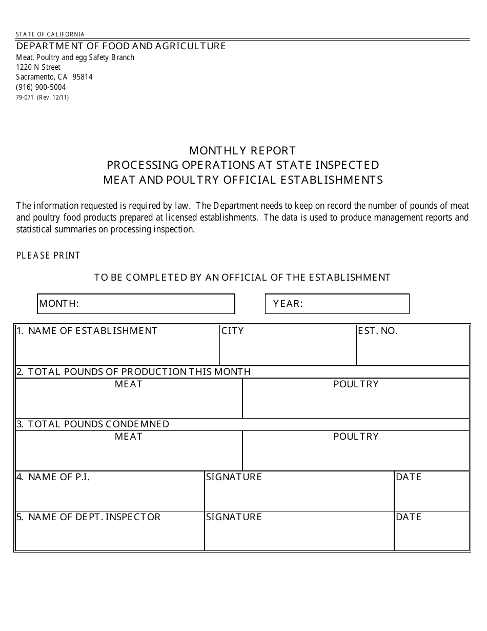Form 79071 Download Fillable PDF or Fill Online Monthly Report