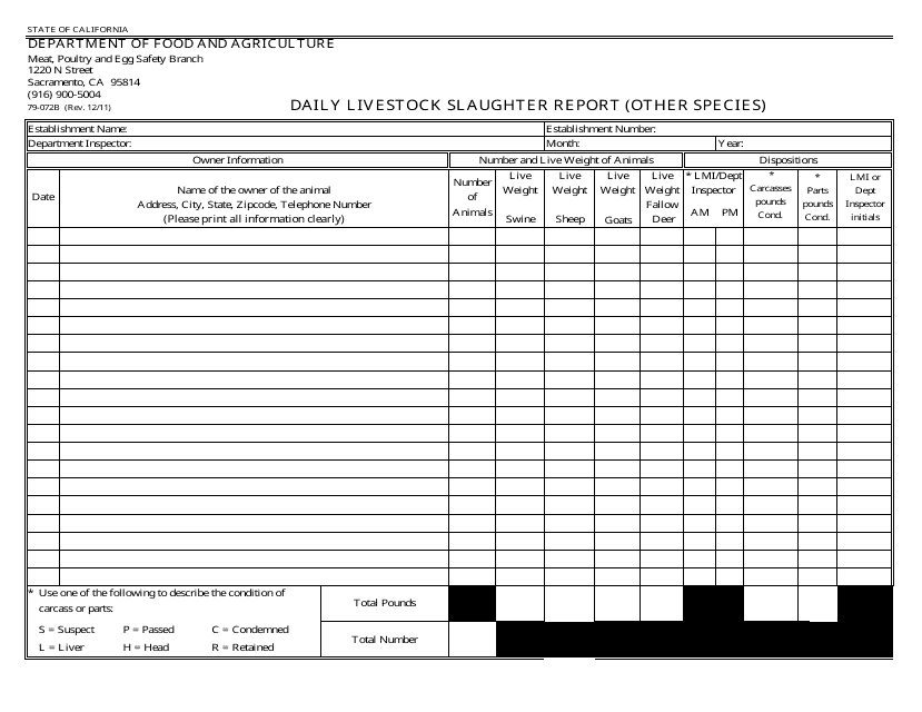 Form 79-072B Daily Livestock Slaughter Report (Other Species) - California