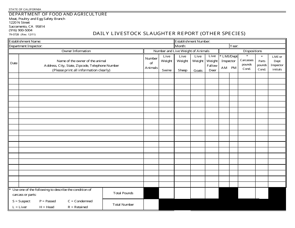 Form 79-072B Daily Livestock Slaughter Report (Other Species) - California, Page 1