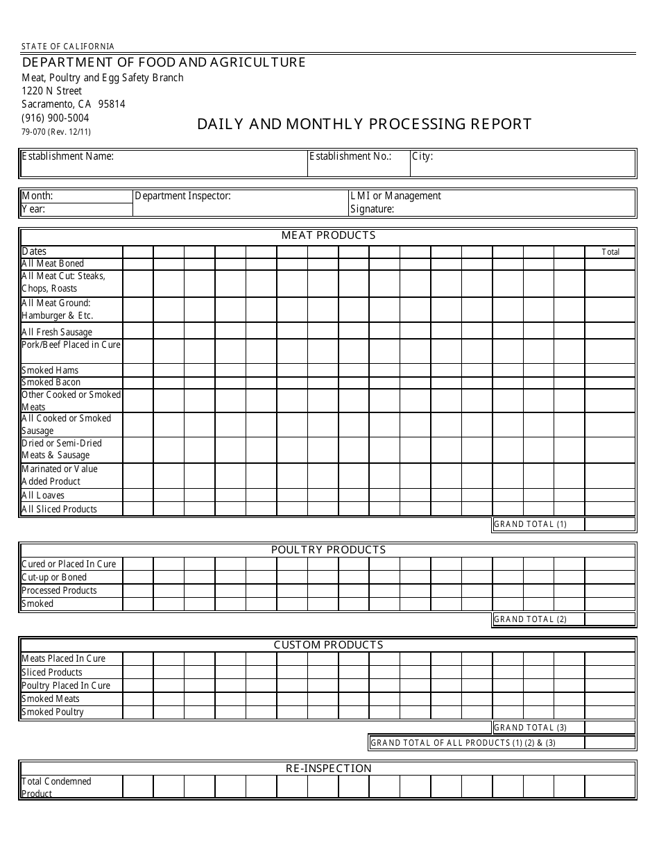Form 79-070 Daily and Monthly Processing Report - California, Page 1