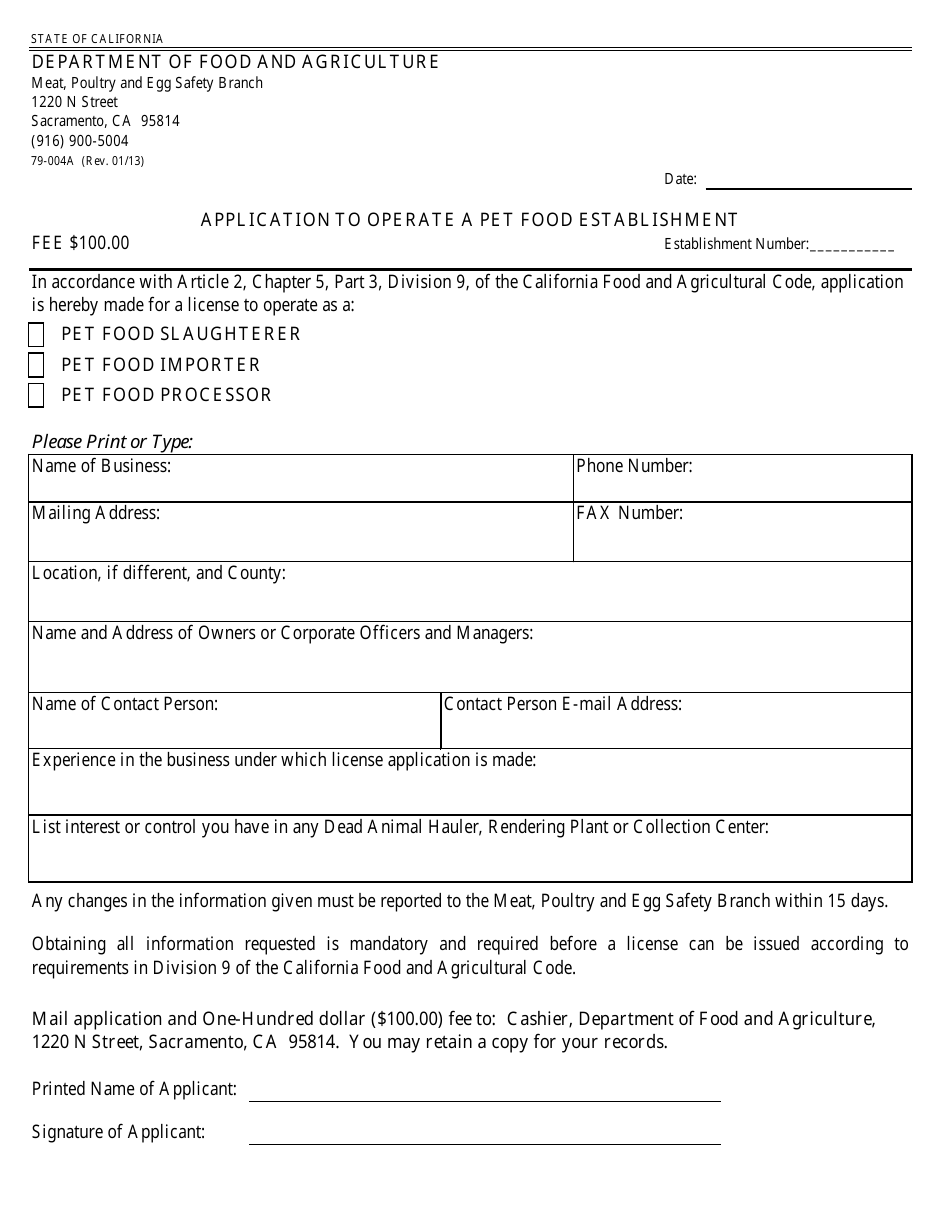 Form 79-004A Application to Operate a Pet Food Establishment - California, Page 1