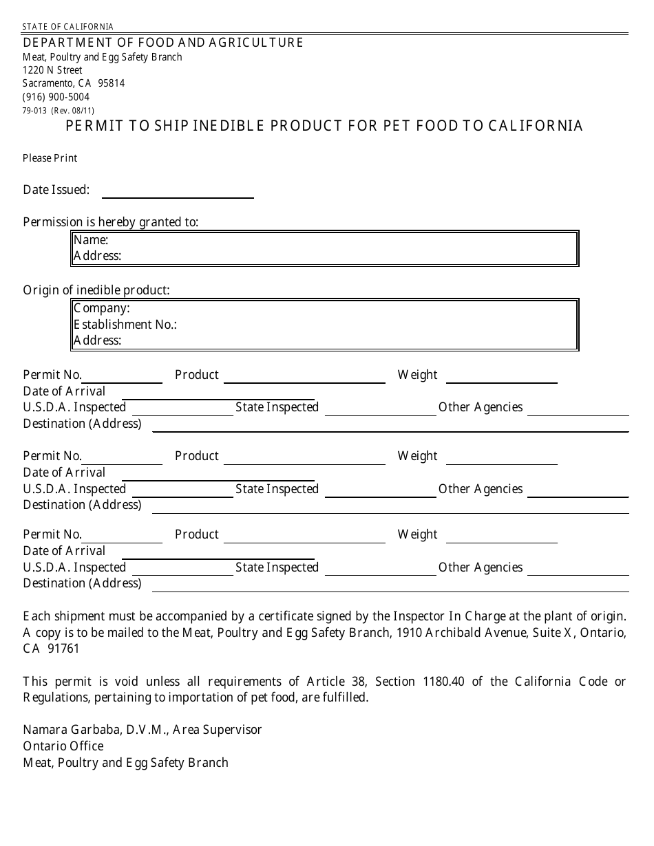 Form 79-013 Permit to Ship Inedible Product for Pet Food to California - California, Page 1