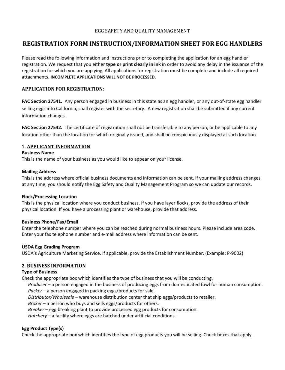 Form 517-004A Egg Handler and Producer Registration Form - California, Page 1