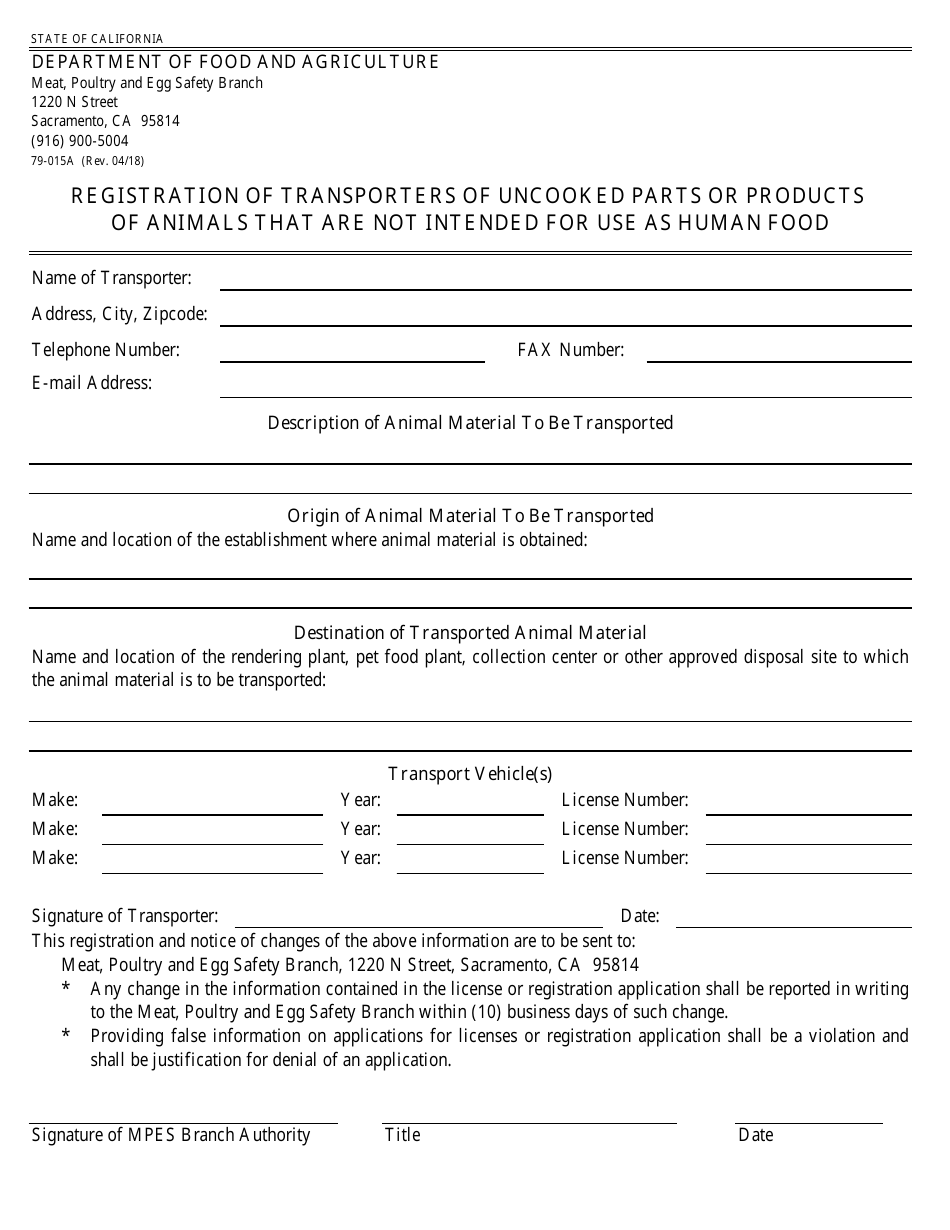Form 79-015A Registration of Transporters of Uncooked Parts or Products of Animals That Are Not Intended for Use as Human Food - California, Page 1
