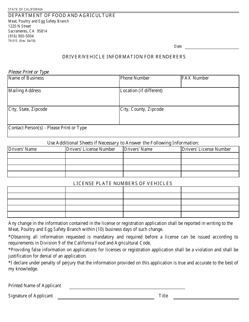 Form 79-015 Driver / Vehicle Information for Renderers - California, Page 1