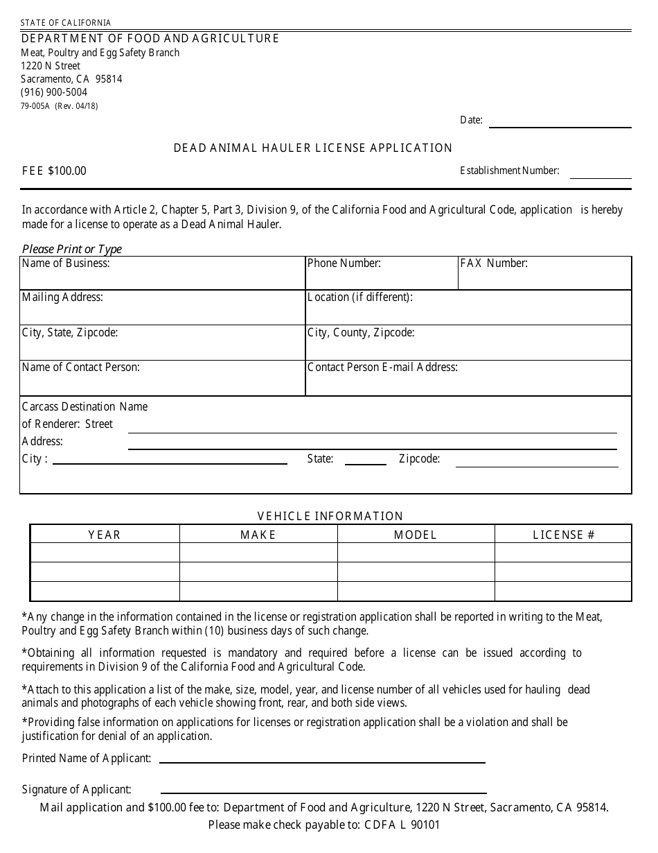 Form 79-005A Dead Animal Hauler License Application - California, Page 1