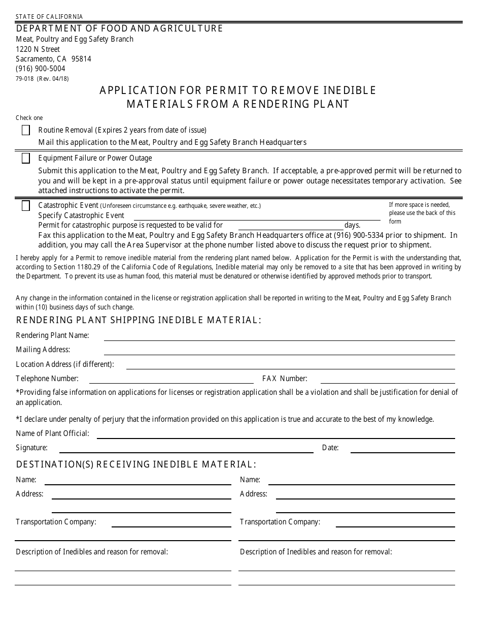 Form 79-018 Application for Permit to Remove Inedible Materials From a Rendering Plant - California, Page 1