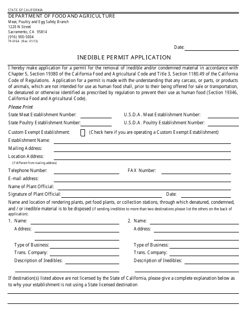 Form 79-016A Inedible Permit Application - California
