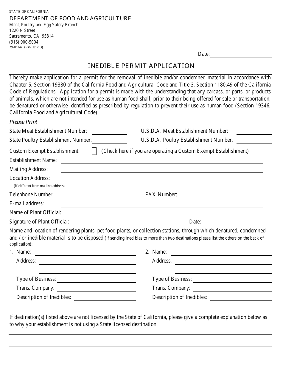 Form 79-016A Inedible Permit Application - California, Page 1