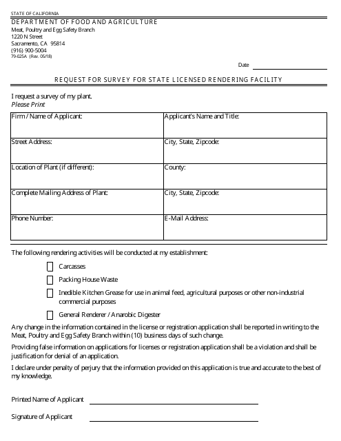 Form 79-025A Request for Survey for State Licensed Rendering Facility - California