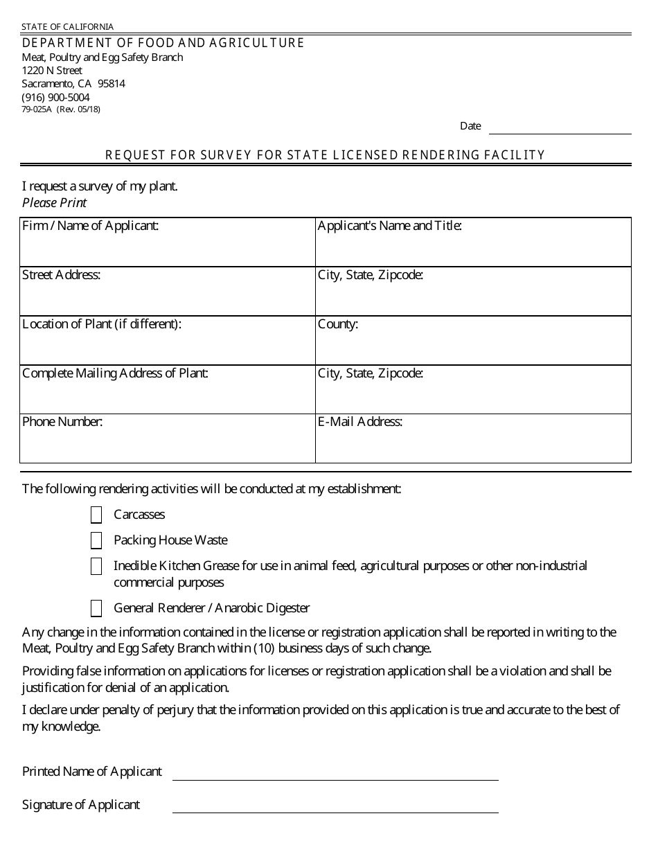 Form 79-025A Request for Survey for State Licensed Rendering Facility - California, Page 1