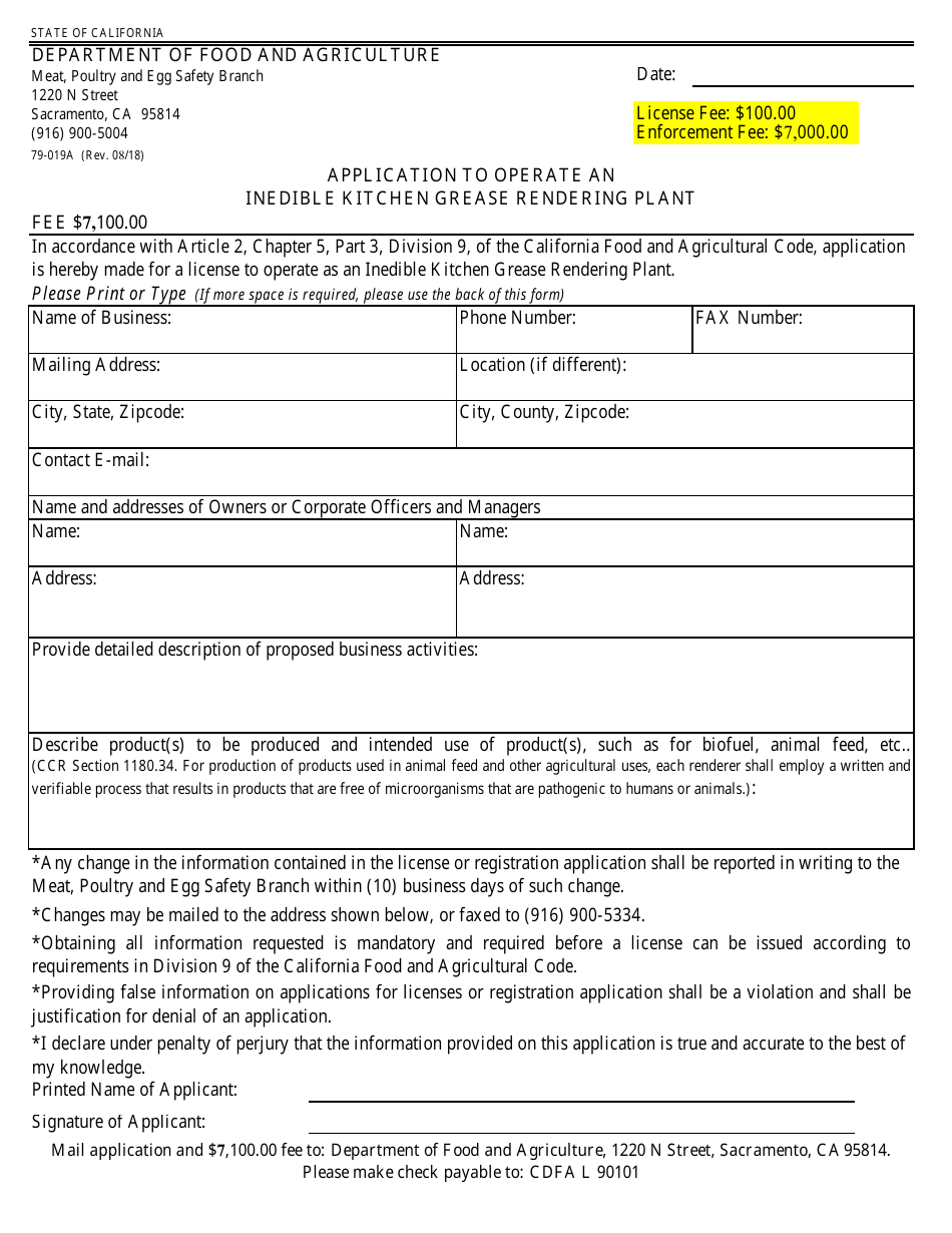 Form 79-019A Application to Operate an Inedible Kitchen Grease Rendering Plant - California, Page 1