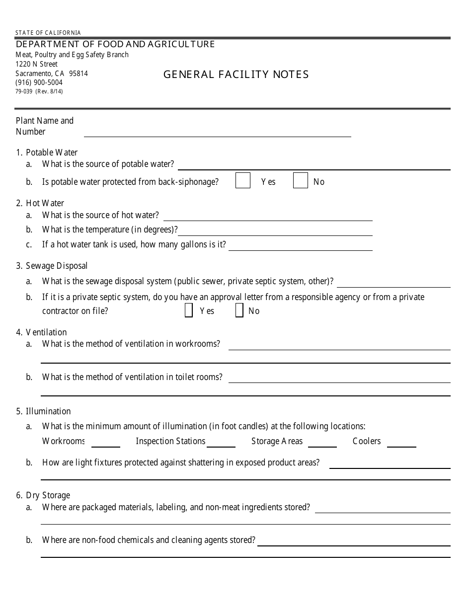 Form 79-039 General Facility Notes - California, Page 1
