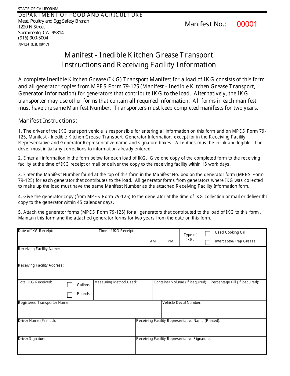 Form 79-124 Ikg Manifest Instructions and Receiving Facility Information - California, Page 1