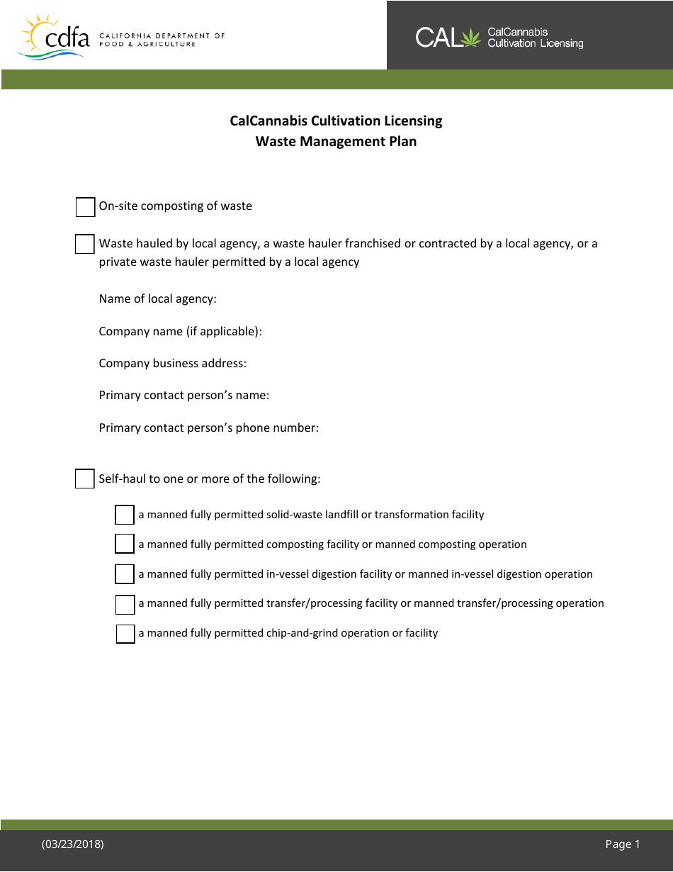 Calcannabis Cultivation Licensing Waste Management Plan - California, Page 1