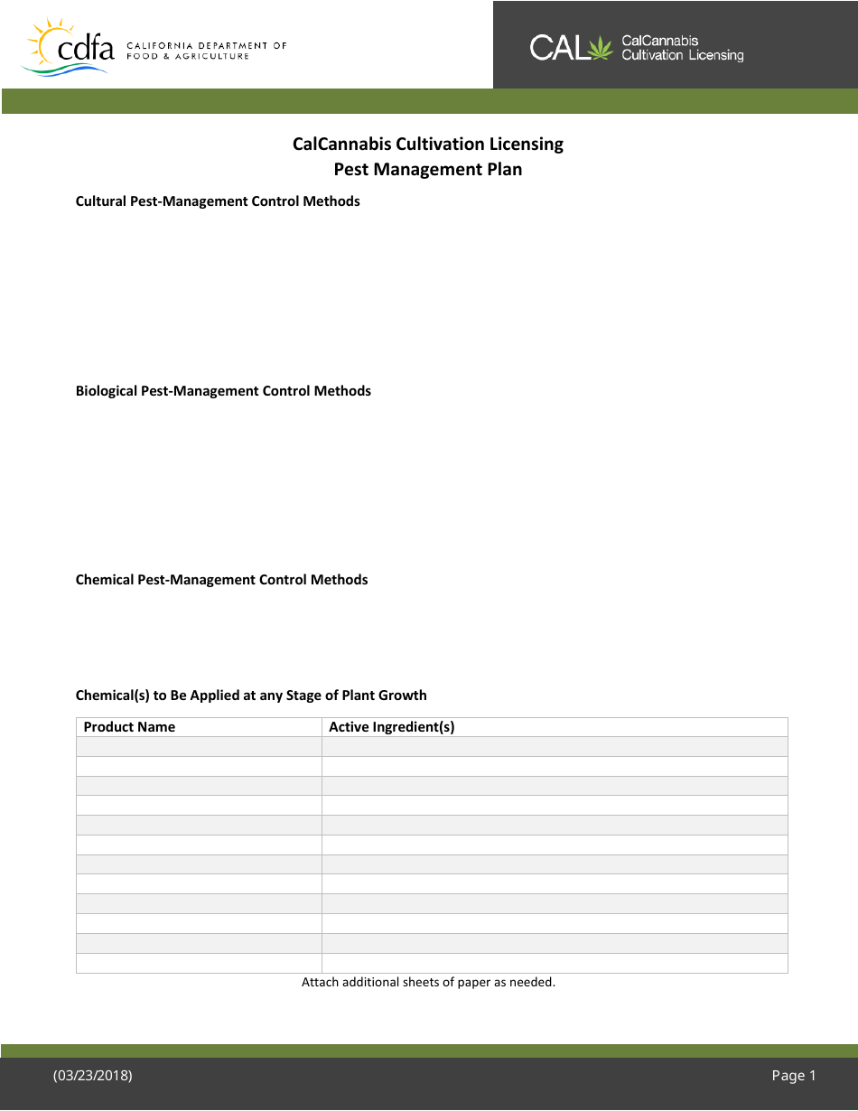 Calcannabis Cultivation Licensing Pest Management Plan - California, Page 1