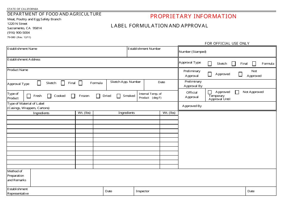 Form 79-080 Label Formulation and Approval - California, Page 1