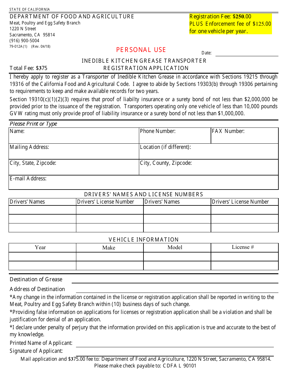 Form 79-012A(1) Inedible Kitchen Grease Transporter Registration Application - California, Page 1