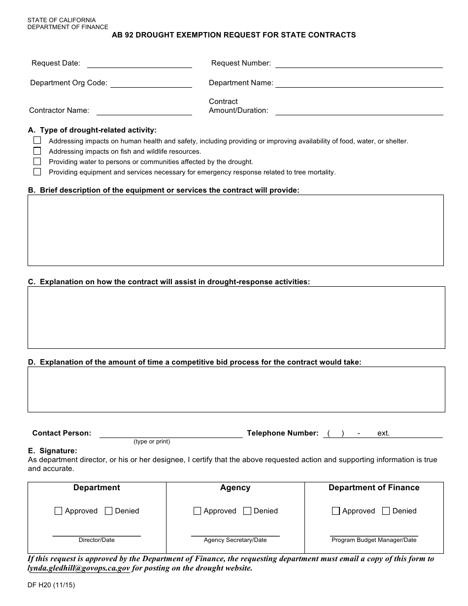 Form DF-H20 AB 92 Drought Exemption Request for State Contracts - California, Page 1