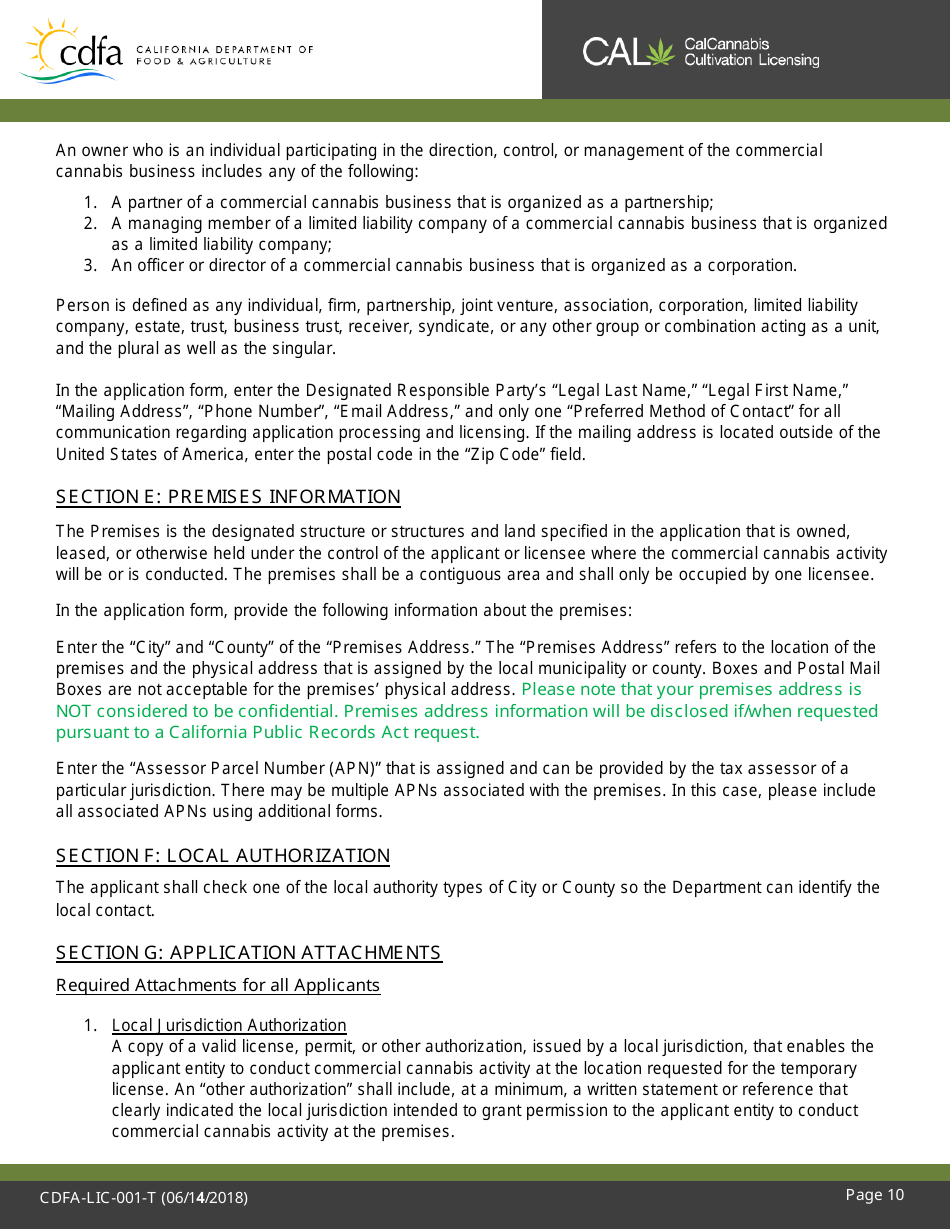 Form CDFA-LIC-001-T Cannabis Cultivation Temporary License Application - California, Page 11