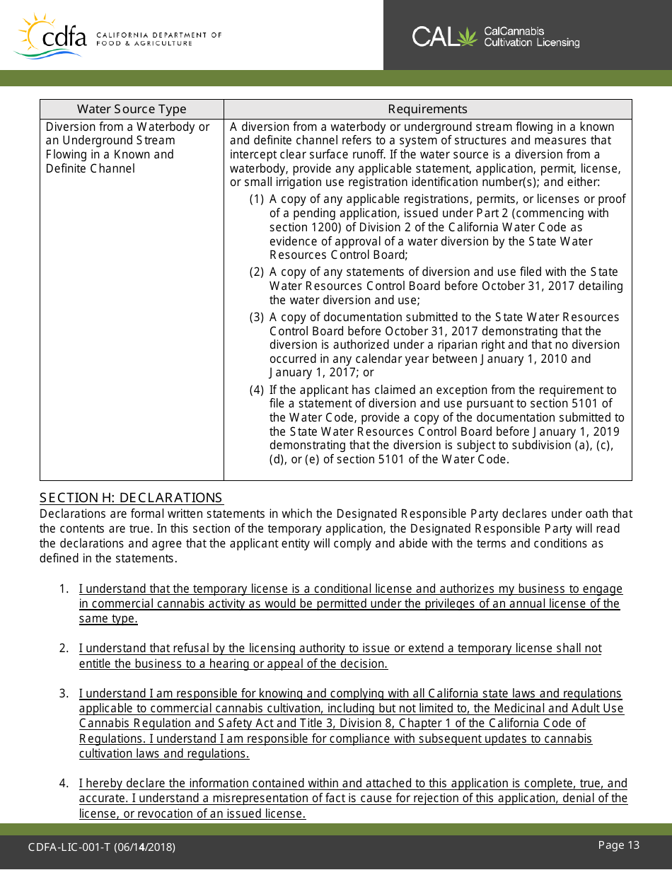 Form CDFA-LIC-001-T Cannabis Cultivation Temporary License Application - California, Page 14