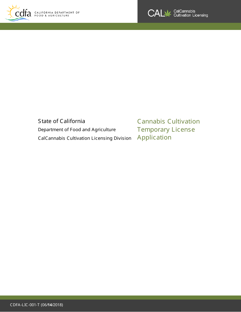 Form CDFA-LIC-001-T Cannabis Cultivation Temporary License Application - California, Page 1