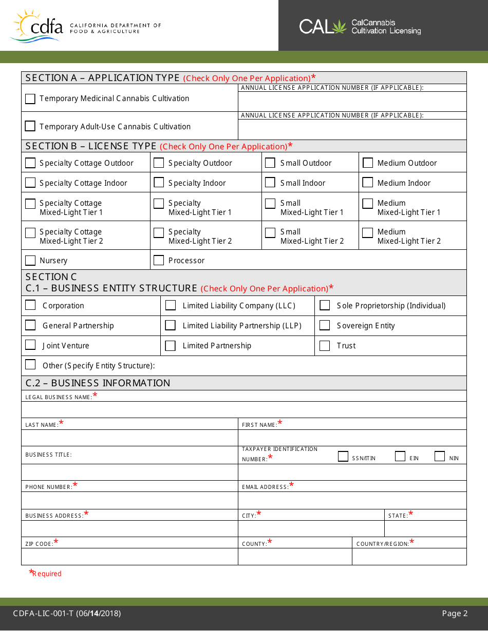 Form CDFA-LIC-001-T Cannabis Cultivation Temporary License Application - California, Page 3