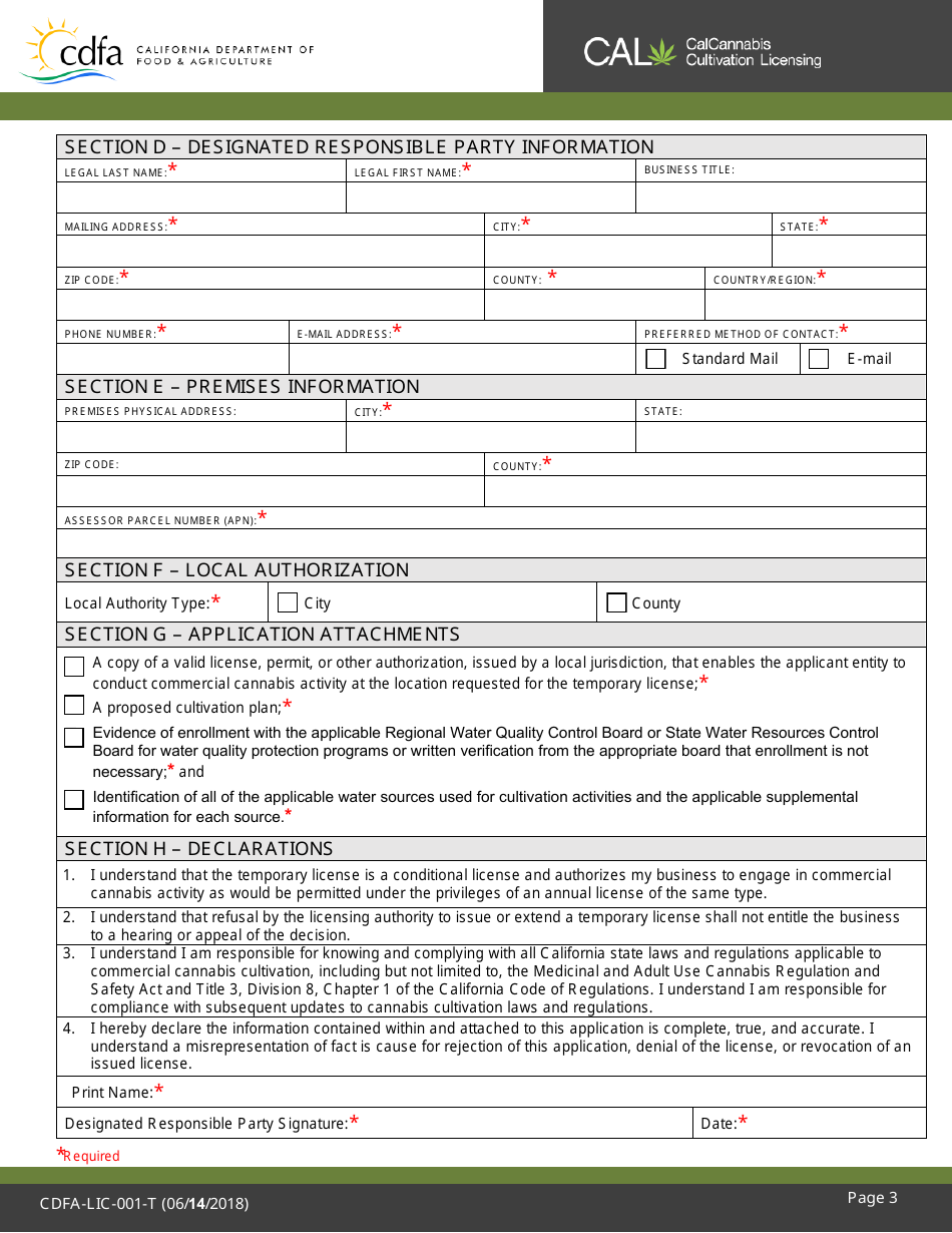 Form CDFA-LIC-001-T Cannabis Cultivation Temporary License Application - California, Page 4