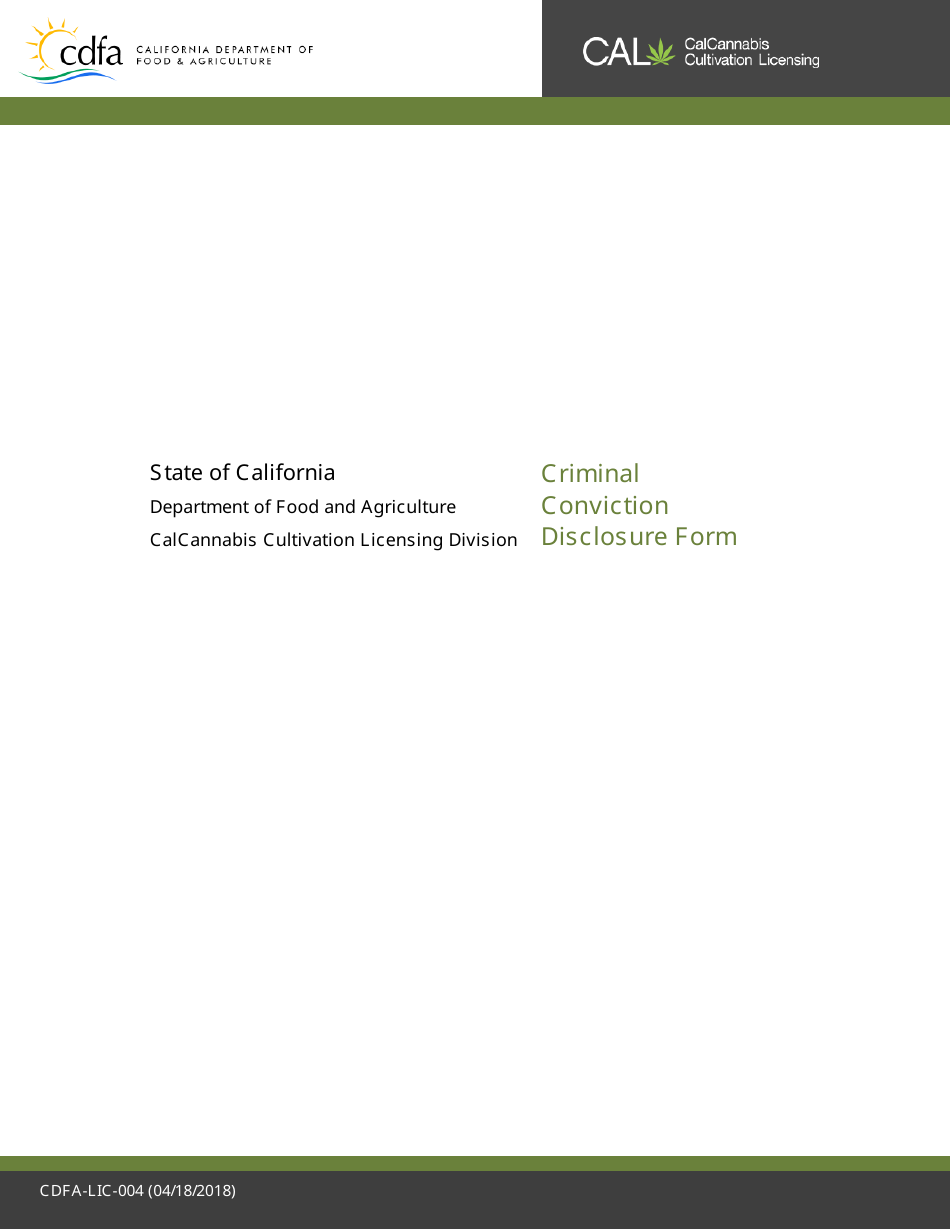 Form CDFA-LIC-004 Criminal Conviction Disclosure Form - California, Page 1