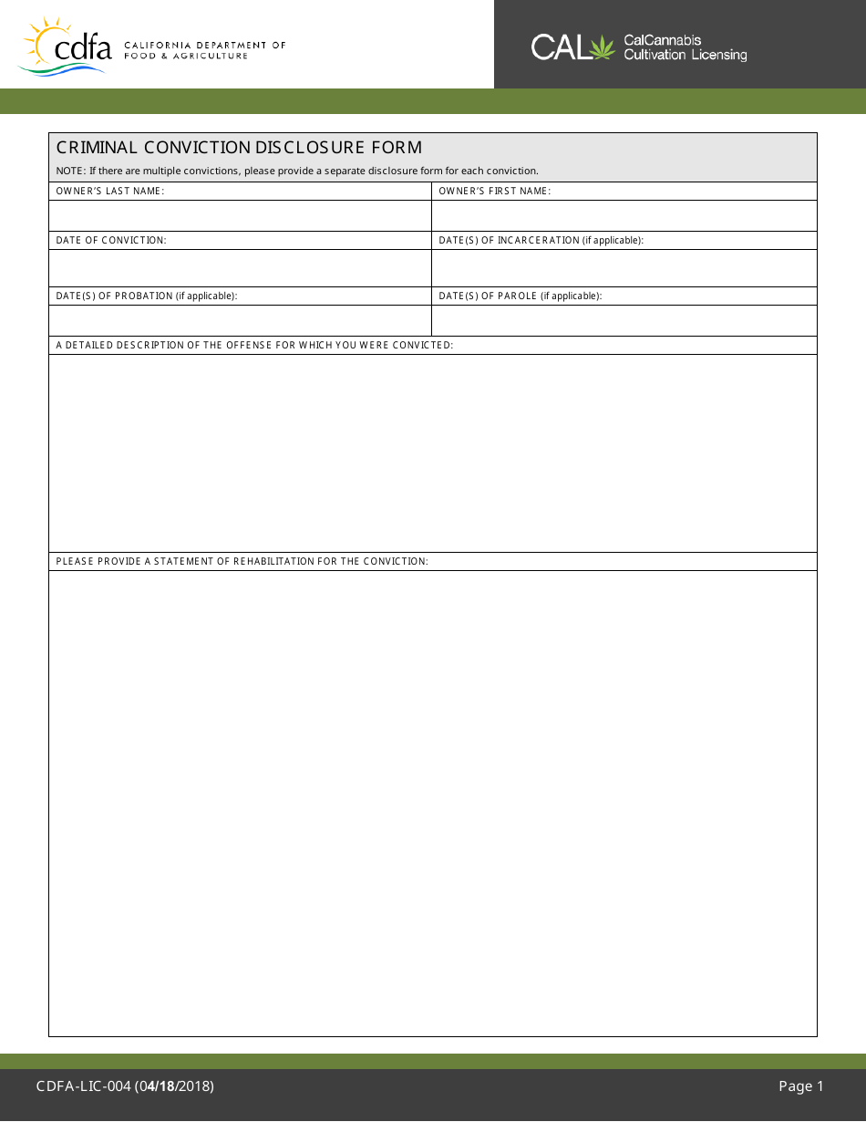 Form CDFA-LIC-004 Criminal Conviction Disclosure Form - California, Page 2