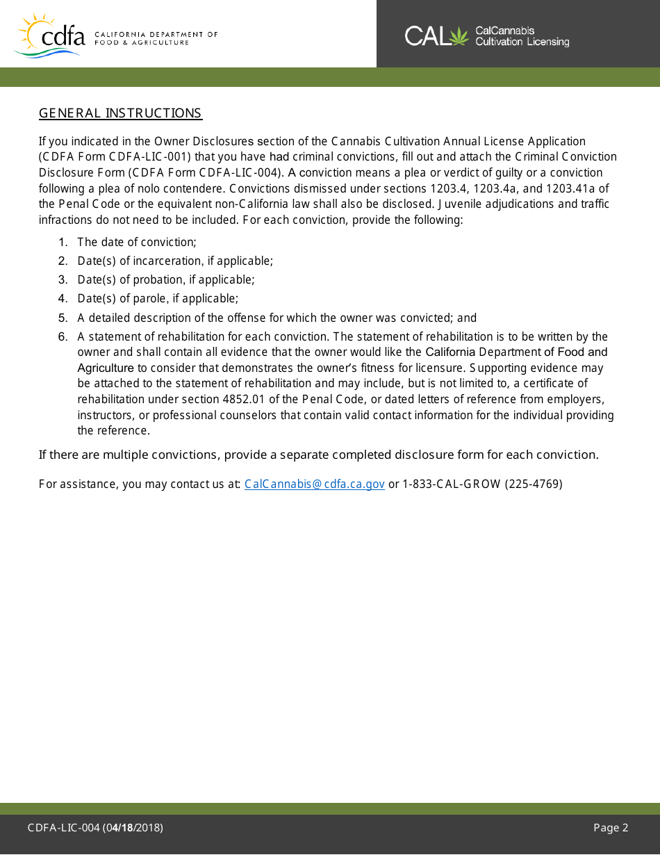 Form CDFA-LIC-004 Criminal Conviction Disclosure Form - California, Page 3