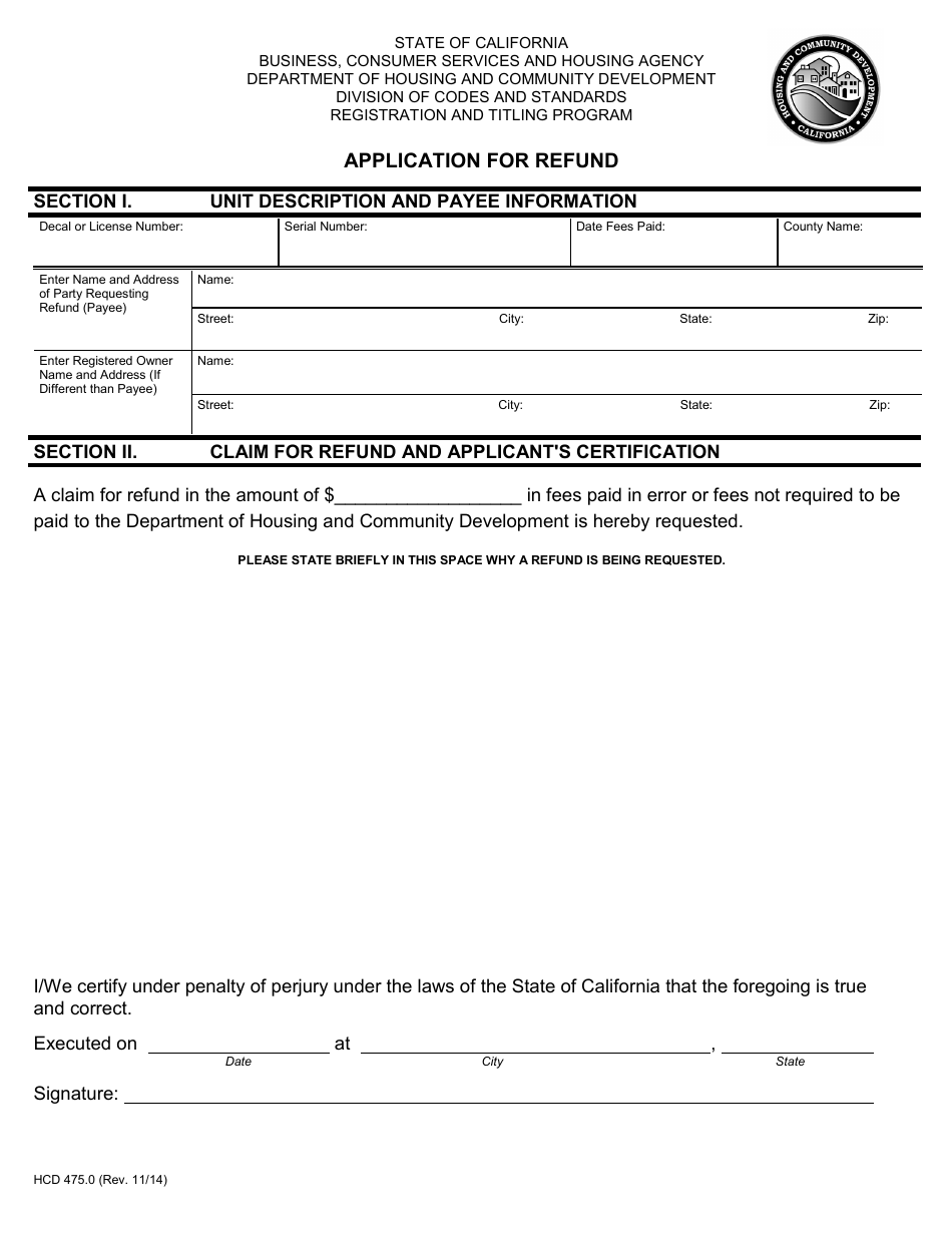 Form HCD475.0 Application for Refund - California, Page 1