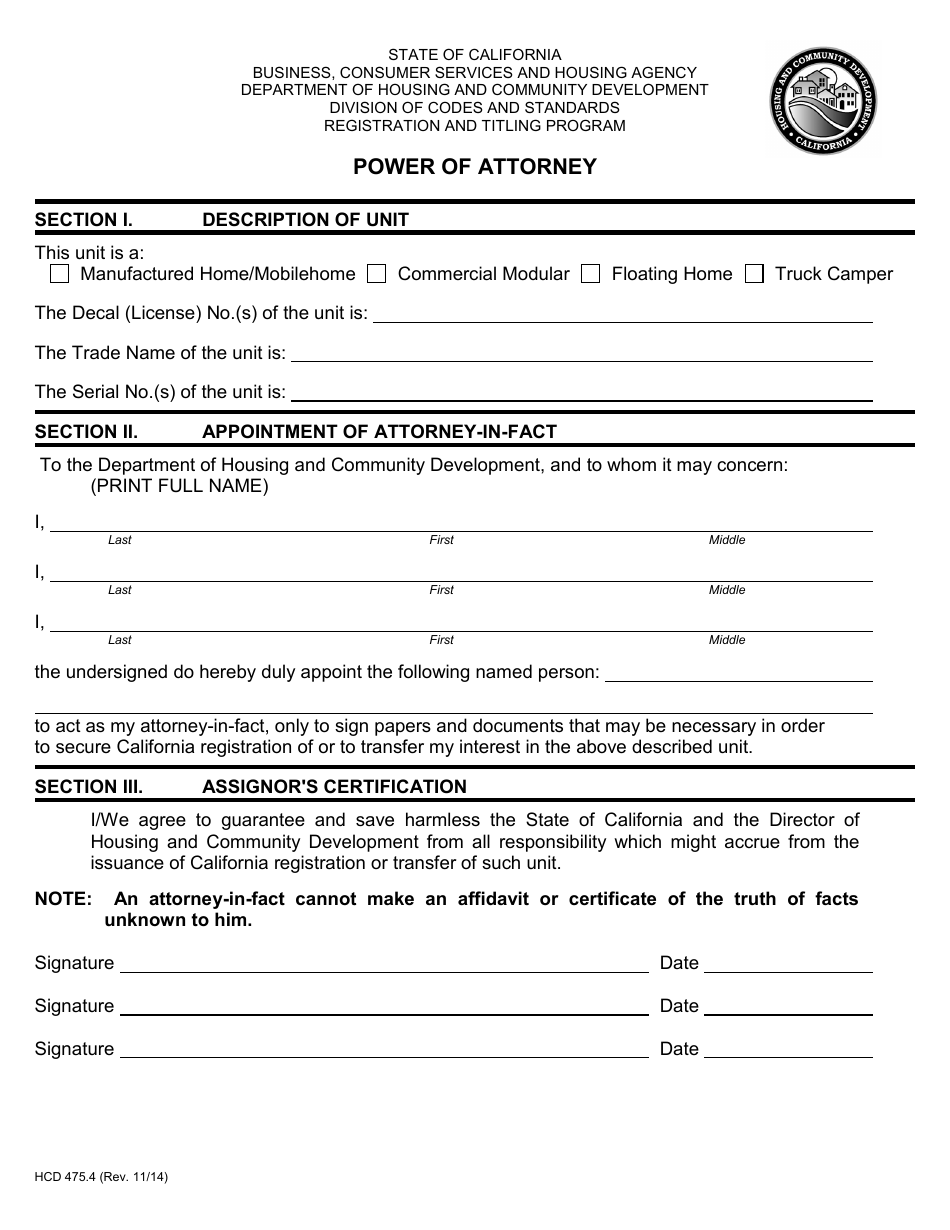 Form HCD475.4 Power of Attorney - California, Page 1