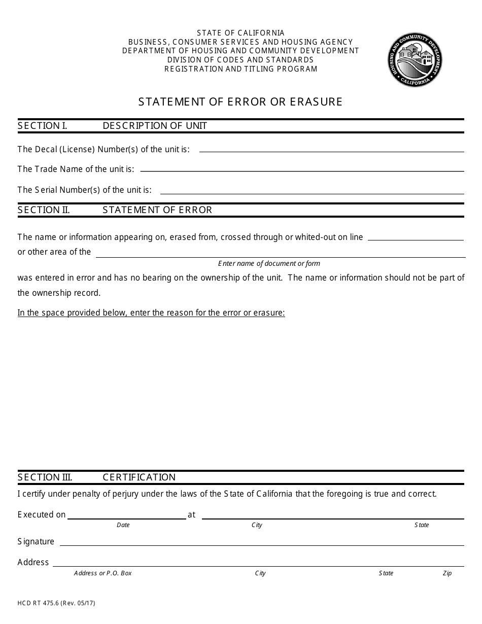 Form Hcd Rt476 6 Download Printable Pdf Or Fill Online Statement Of Error Or Erasure California Templateroller