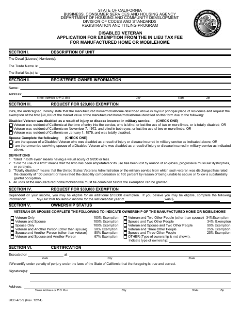 Form HCD475.9 Disabled Veteran Application for Exemption From the in Lieu Tax Fee for Manufactured Home or Mobilehome - California