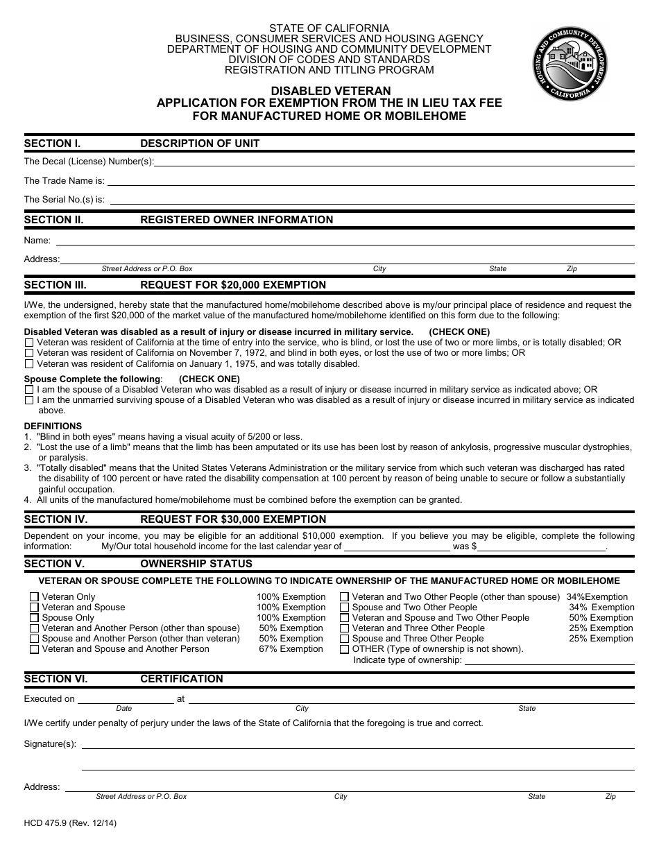 Form HCD475.9 Disabled Veteran Application for Exemption From the in Lieu Tax Fee for Manufactured Home or Mobilehome - California, Page 1