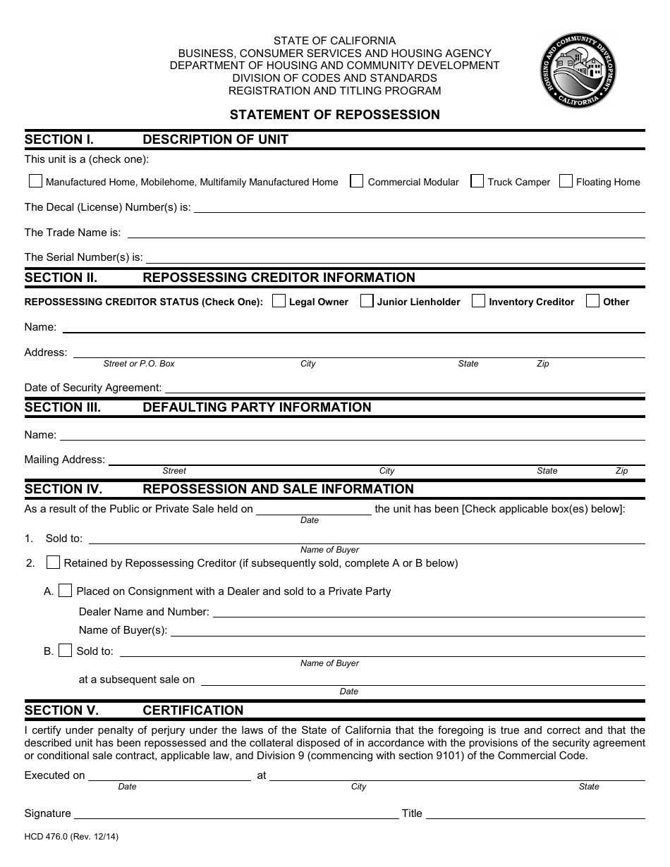 Form HCD476.0 Statement of Repossession - California, Page 1