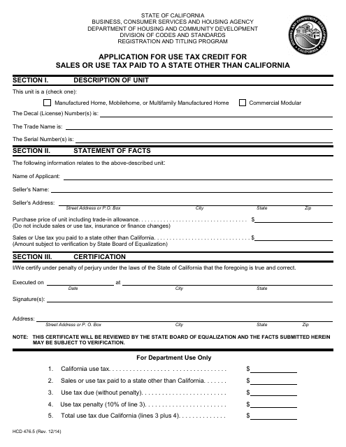 Form HCD476.5 Application for Use Tax Credit for Sales or Use Tax Paid to a State Other Than California - California